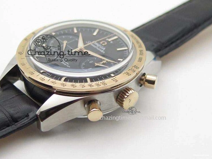 0509 Trendsetting Speedmaster ’57 SS Chrono AXF Best Edition RG Bezel Black Dial on Black Leather Strap A 8283